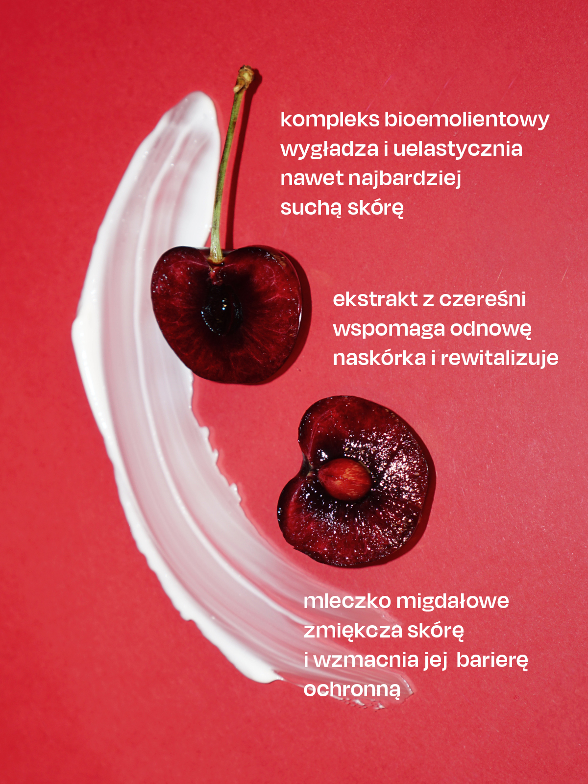 Wygładzający balsam do ciała z bioemolientami Czereśnia & mleczko migdałowe